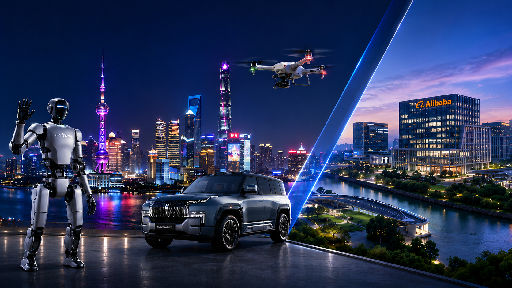 Aerial night view of Shanghai's illuminated skyline